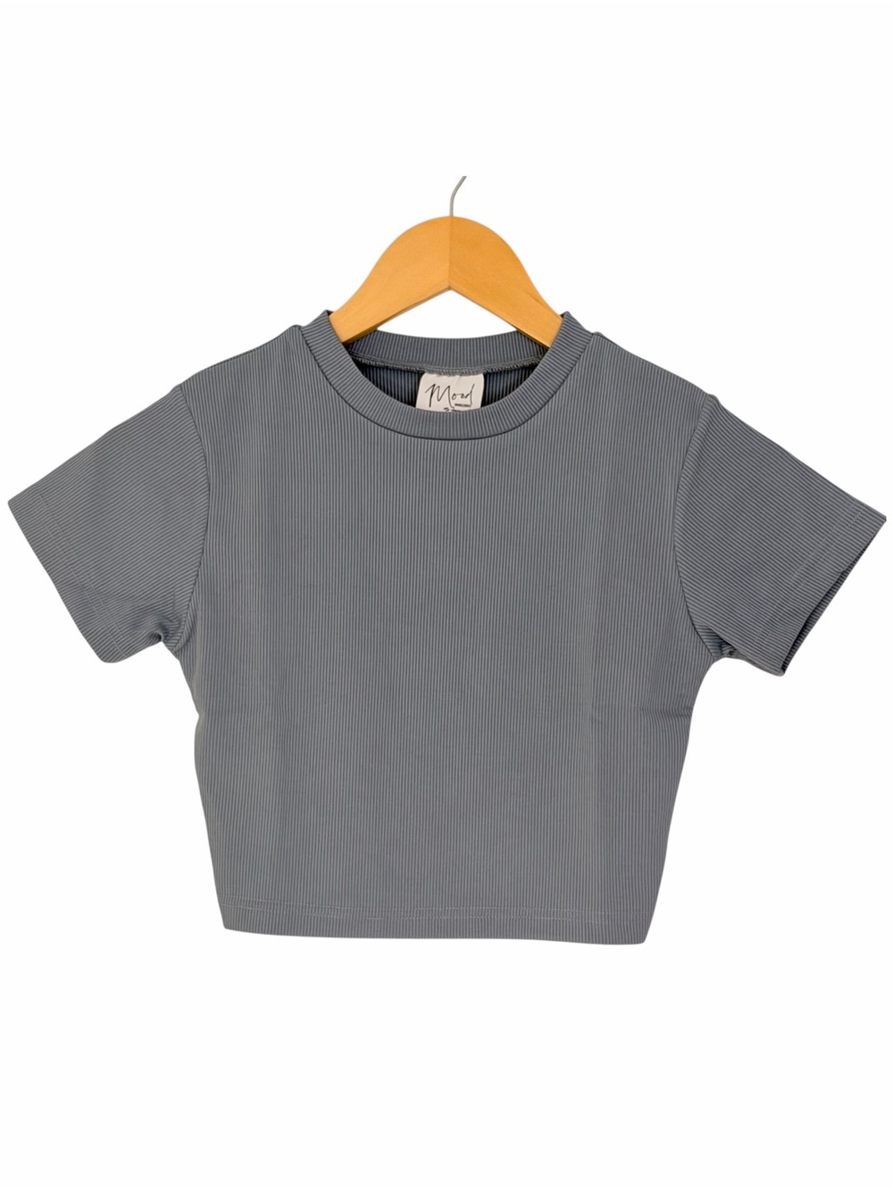Mood Women’s Small Blue Gray Ribbed Fitted Crop Top Short Sleeve Casual Baby Tee